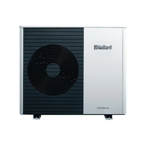 Krachtige Vaillant Monobloc aroTHERM PLUS warmtepomp met 12 kW vermogen en energieklasse A+++, opstelling met gas R290.